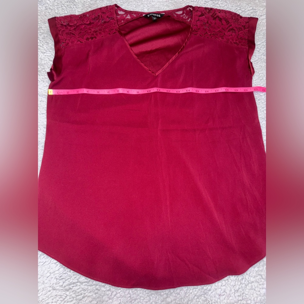 Express Merlot/Red Silky Style Blouse With Lace Accent Sleeves NWOT